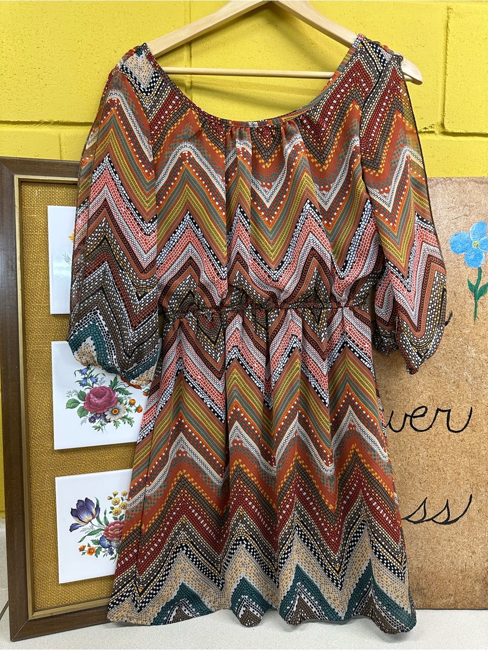 Bongo Size Medium Chevron Print Boho Shift Dress in Rust & Teal